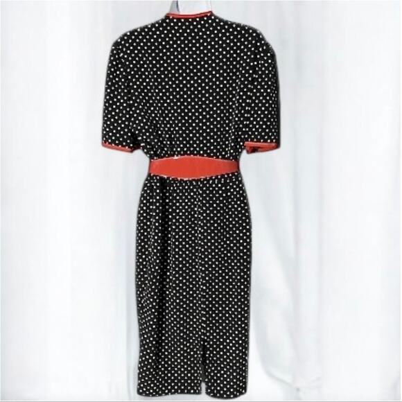 Vintage 70s Caron Petite Polka Dot Dress Dark Midi Retro Secretary 10P Red Belt - Picture 11 of 11